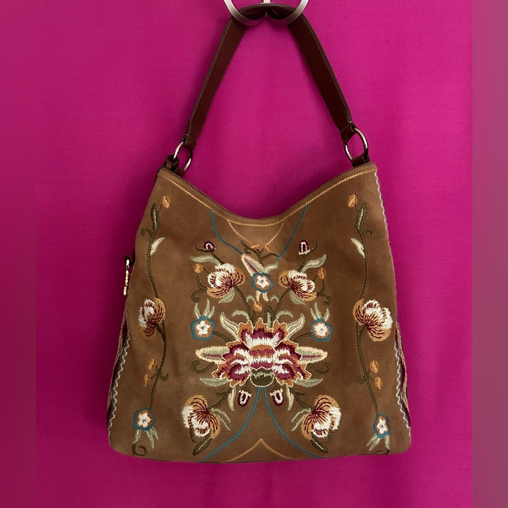 Johnny Was Brown Suede Embroidered Hobo Bag